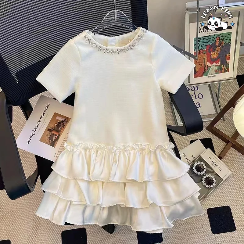 LEZONKIDS - Vestido de festa personalizável para meninas de 2 a 14 anos com colar de cristal de verão e saia de bolo em cetim